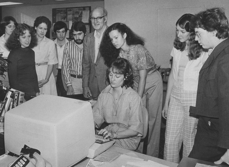 Members of my journalism class at the University of Washington visit a newspaper in the early 80s (note the gigantic computer). I’m second from the left. To my right is my roommate at the time, Helen Grieve, and standing far right is Author Charles R. Cross. Our professor was the late great William “BJ” Johnston.